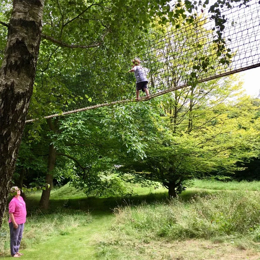 Grandmother on garden lawn looking up at grandchild walking within a netted Treetop Walkway between two trees.