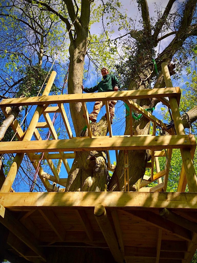 A man standing atop a double tree deck framework.