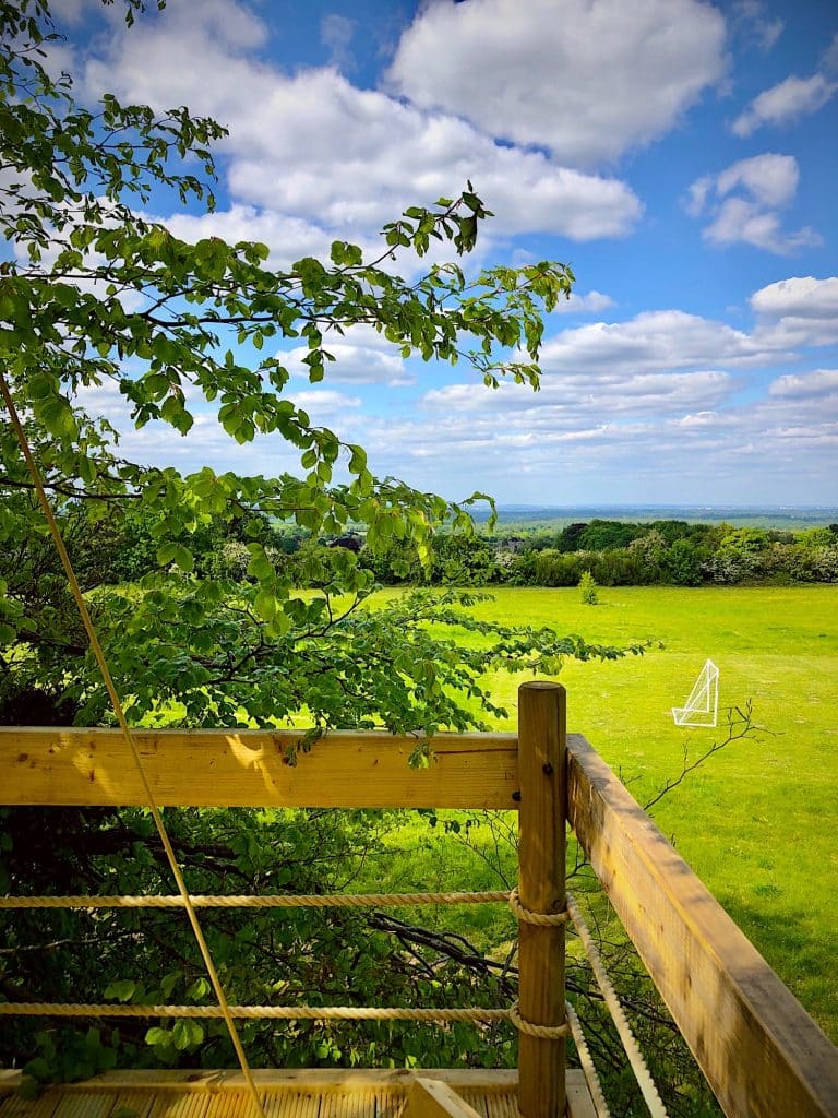 A view from a treetop deck overlooking miles of stunning Surrey countryside